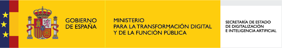 Bandera de España con el escudo nacional, acompañada del texto "Gobierno de España", "Ministerio para la Transformación Digital y de la Función Pública" y "Secretaría de Estado de Digitalización e Inteligencia Artificial". Diseño institucional que representa iniciativas digitales del gobierno.