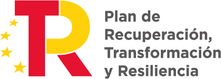 Logotipo del Plan de Recuperación, Transformación y Resiliencia de España, que incluye las letras "R" y "T" en rojo y amarillo, junto a estrellas que representan la Unión Europea.
